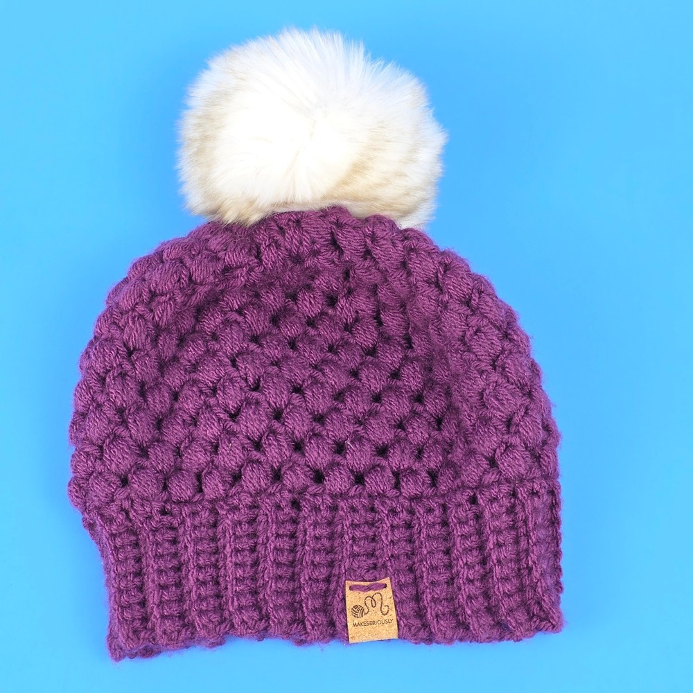 MAKESERIOUSLY‎ Handmade Purple Crochet Knit Beanie Hat Cream Faux Fur Pom Pompom